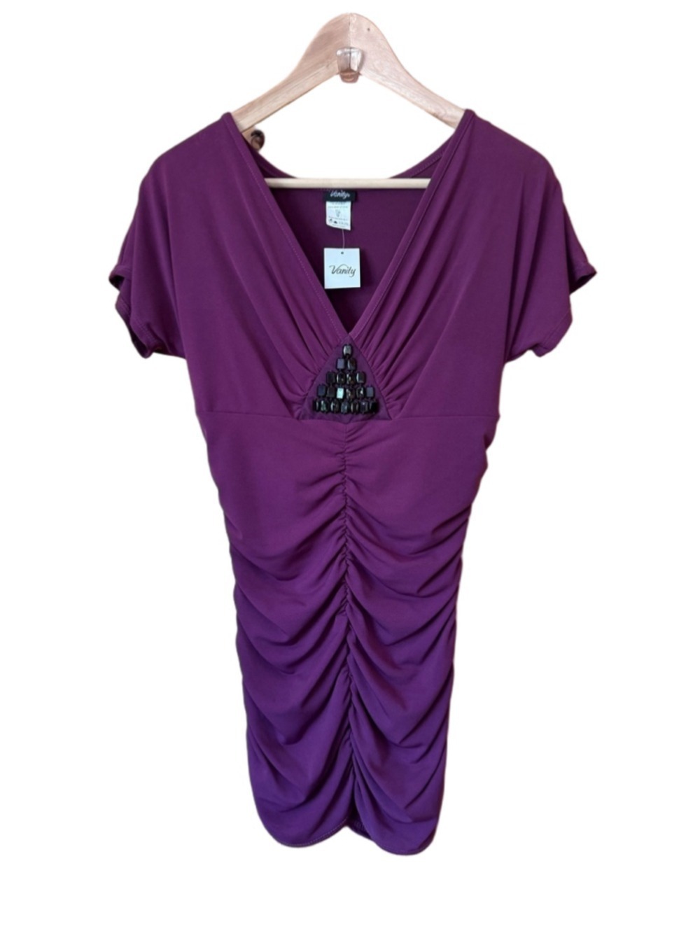 Vanity Plum V-Neck Ruched Blouse with Beaded Detail size medium
